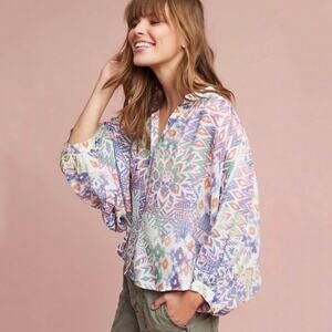 Maeve Brynna Ikat Boho Printed Dolman Sleeve Button Down Top